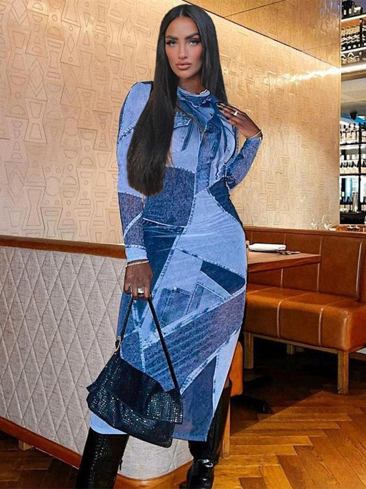 Blue Denim Print Long Sleeve Maxi Dresses