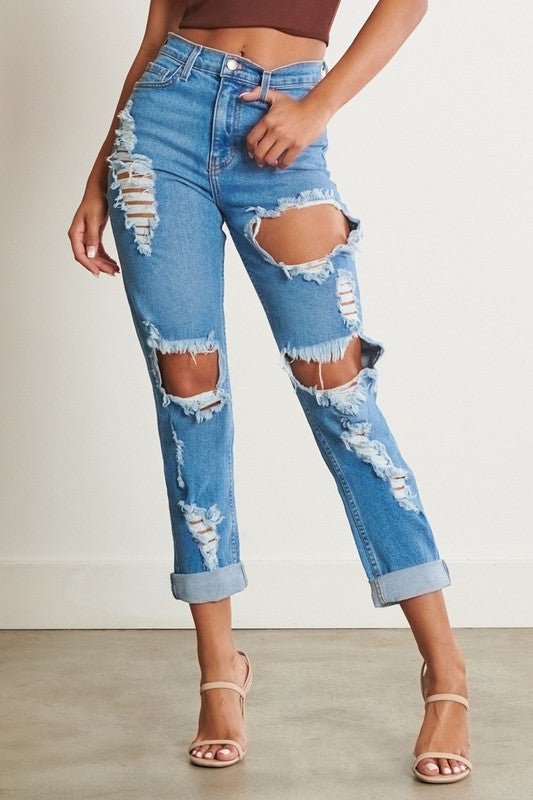 High-Waisted Distressed Boyfriend Jeans - Just Enuff Sexy