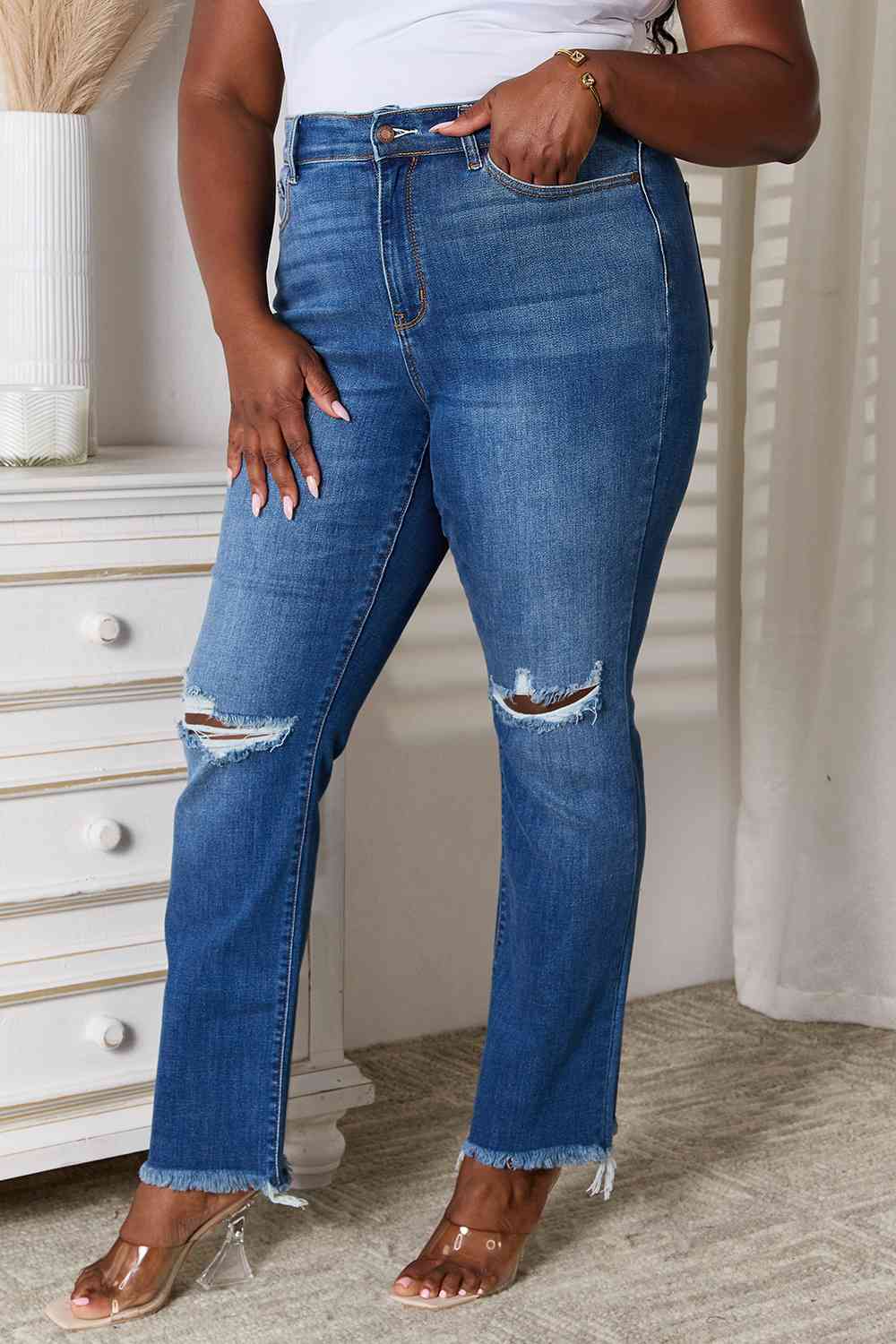 Judy Blue Full Size Distressed Raw Hem Jeans - Just Enuff Sexy