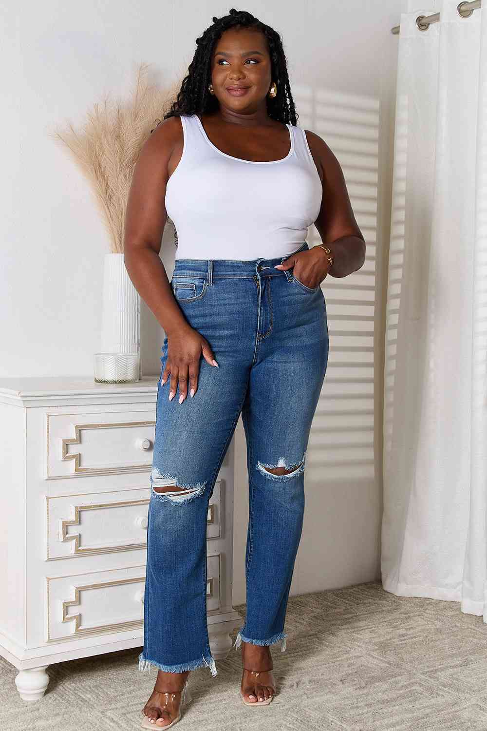 Judy Blue Full Size Distressed Raw Hem Jeans - Just Enuff Sexy