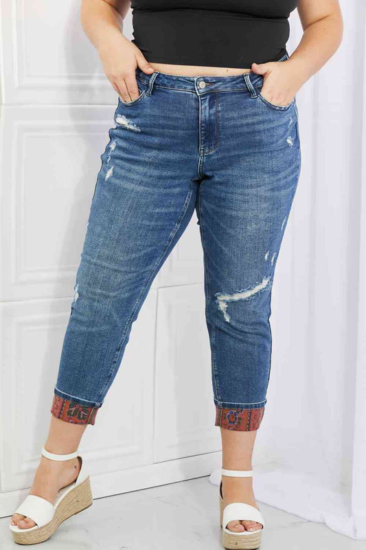 Judy Blue Gina Full Size Mid Rise Paisley Patch Cuff Boyfriend Jeans - Just Enuff Sexy