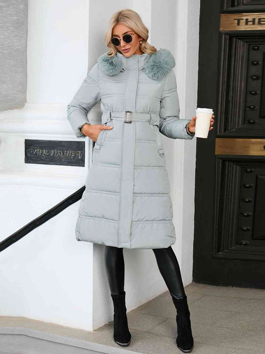 Longline Hooded Winter Coat with Pockets - Just Enuff Sexy