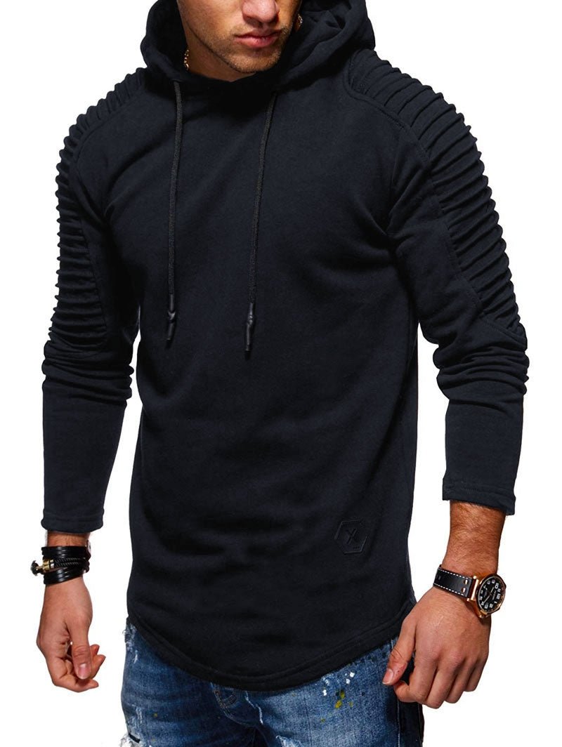 Men's Solid Color Pleated Long Sleeve Fleece Hoodie - Just Enuff Sexy