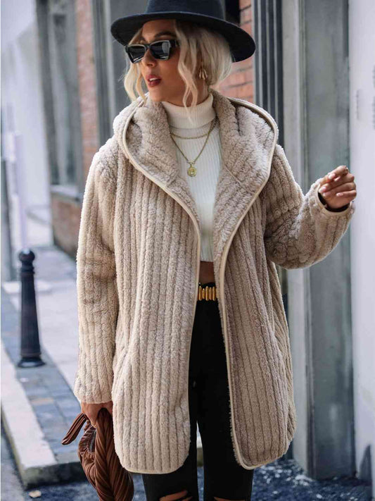 Open Front Ribbed Hooded Coat - Just Enuff Sexy