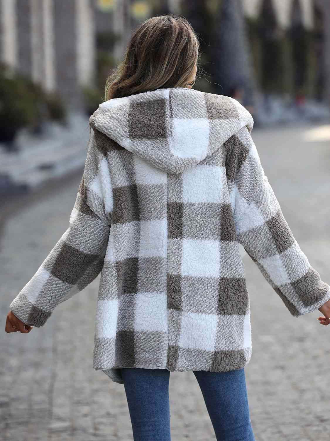 Plaid Open Front Hooded Coat - Just Enuff Sexy