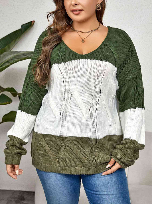Plus Size Color Block Long Sleeve Sweater - Just Enuff Sexy