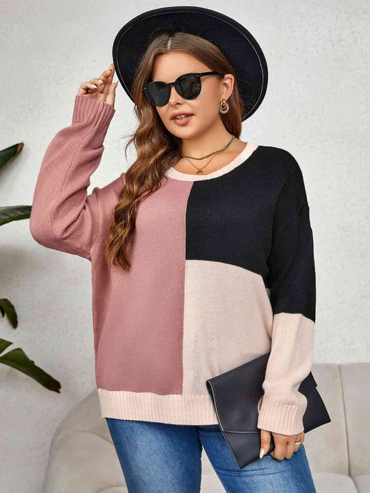 Plus Size Color Block Long Sleeve Sweater - Just Enuff Sexy