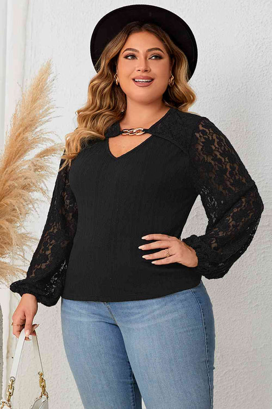 Plus Size Cutout Front Lace Sleeve Blouse - Just Enuff Sexy