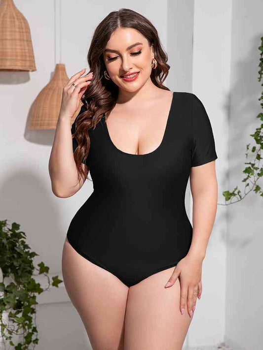 Plus Size Scoop Neck Short Sleeve One-Piece Swimsuit - Just Enuff Sexy
