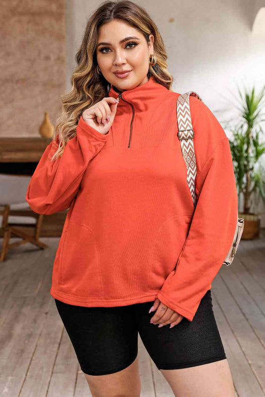 Plus Size Zip-Up Dropped Shoulder Sweatshirt - Just Enuff Sexy
