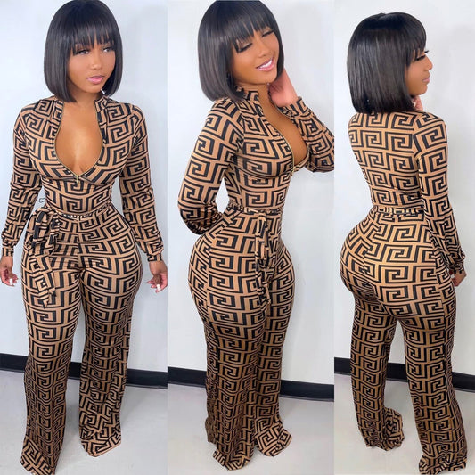 Women's Long Sleeved Sexy Deep V Neck Jumpsuit - Just Enuff Sexy