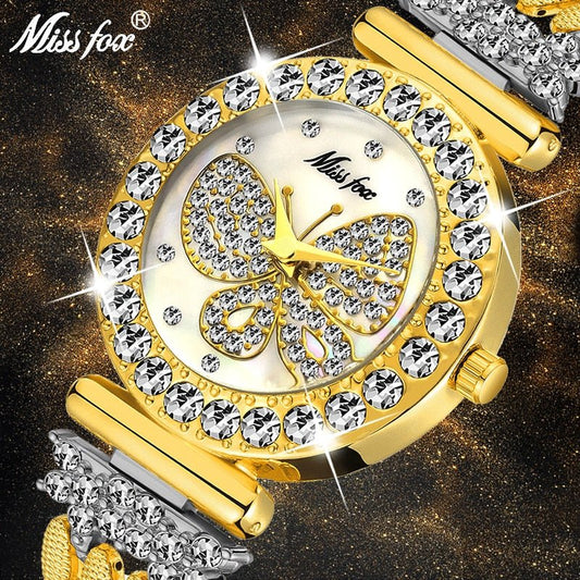 Women's MISSFOX 2030 Butterfly Luxury Brand Diamond 18K Plated Gold Waterproof Watch - Just Enuff Sexy