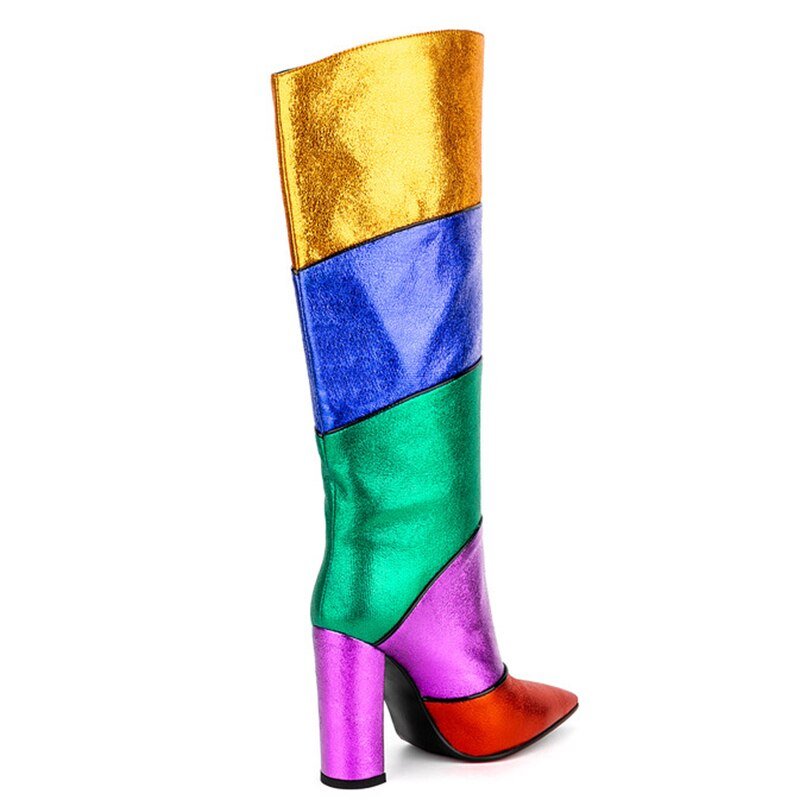 Women's Rainbow Patchwork Knee High Chunky Boots - Just Enuff Sexy