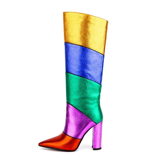 Women's Rainbow Patchwork Knee High Chunky Boots - Just Enuff Sexy