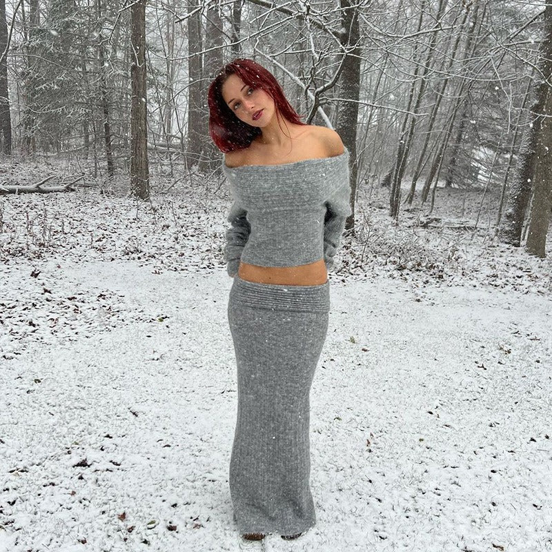 New Knitted 2 Piece Long Sleeve Top and Skirt Set