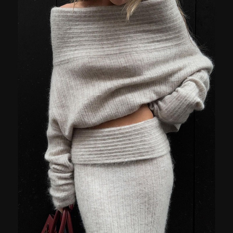 New Knitted 2 Piece Long Sleeve Top and Skirt Set