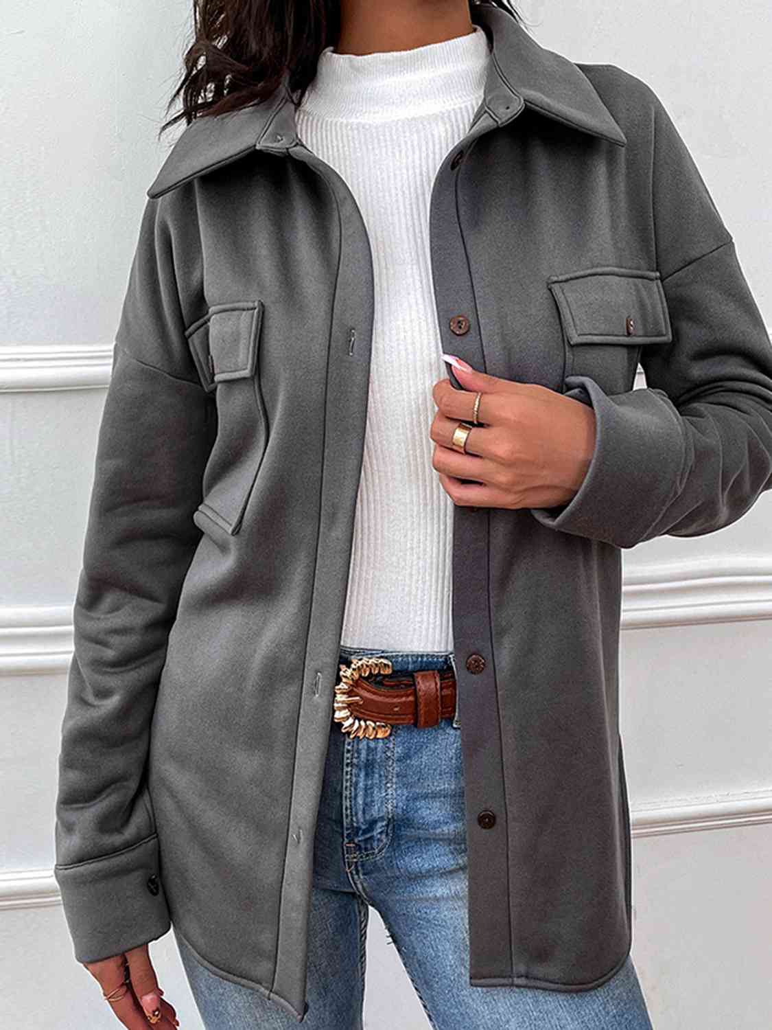 Button Down Dropped Shoulder Coat - Just Enuff Sexy