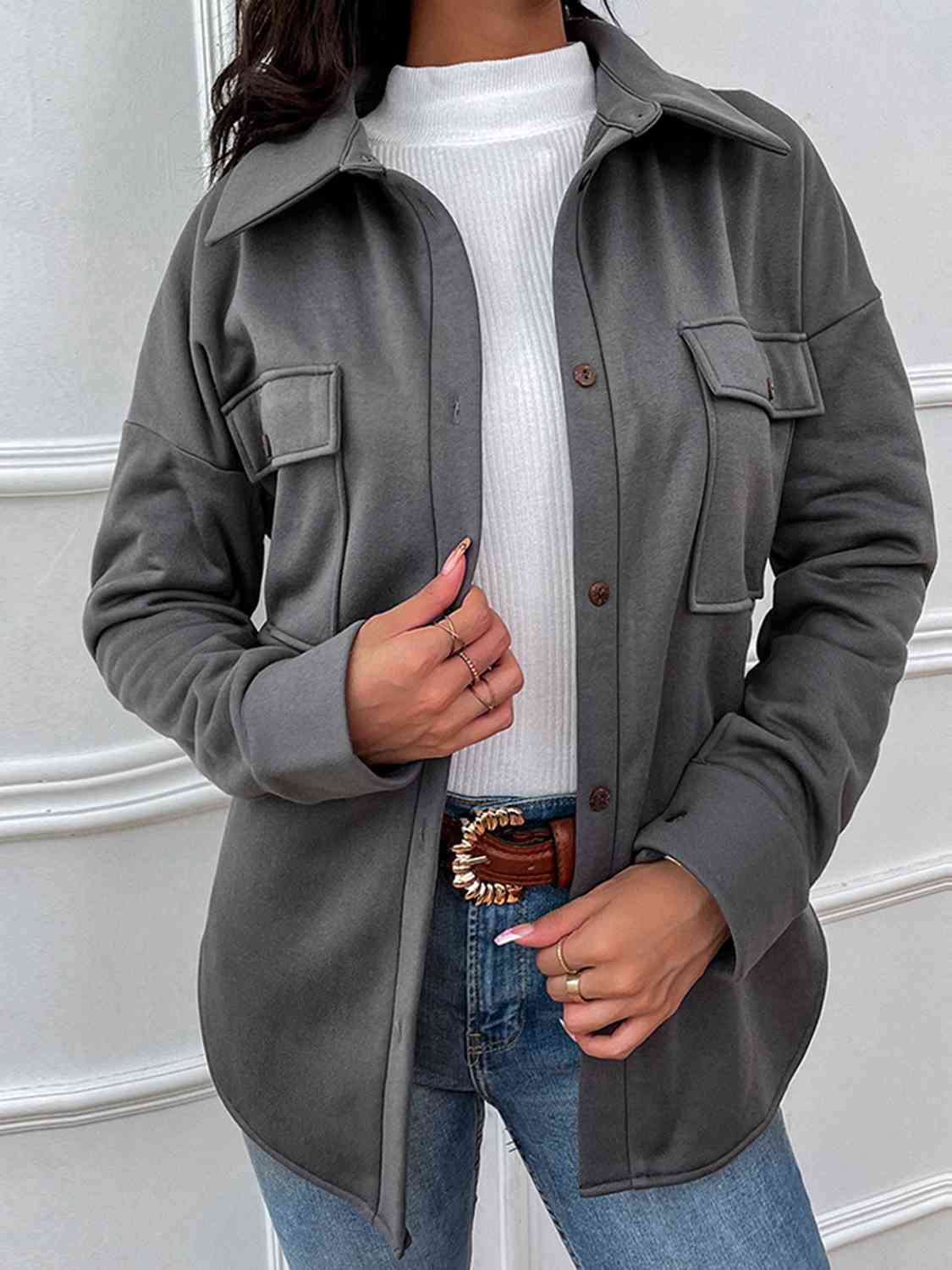 Button Down Dropped Shoulder Coat - Just Enuff Sexy