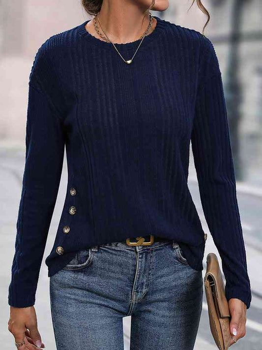 Buttoned Round Neck Knit Top - Just Enuff Sexy