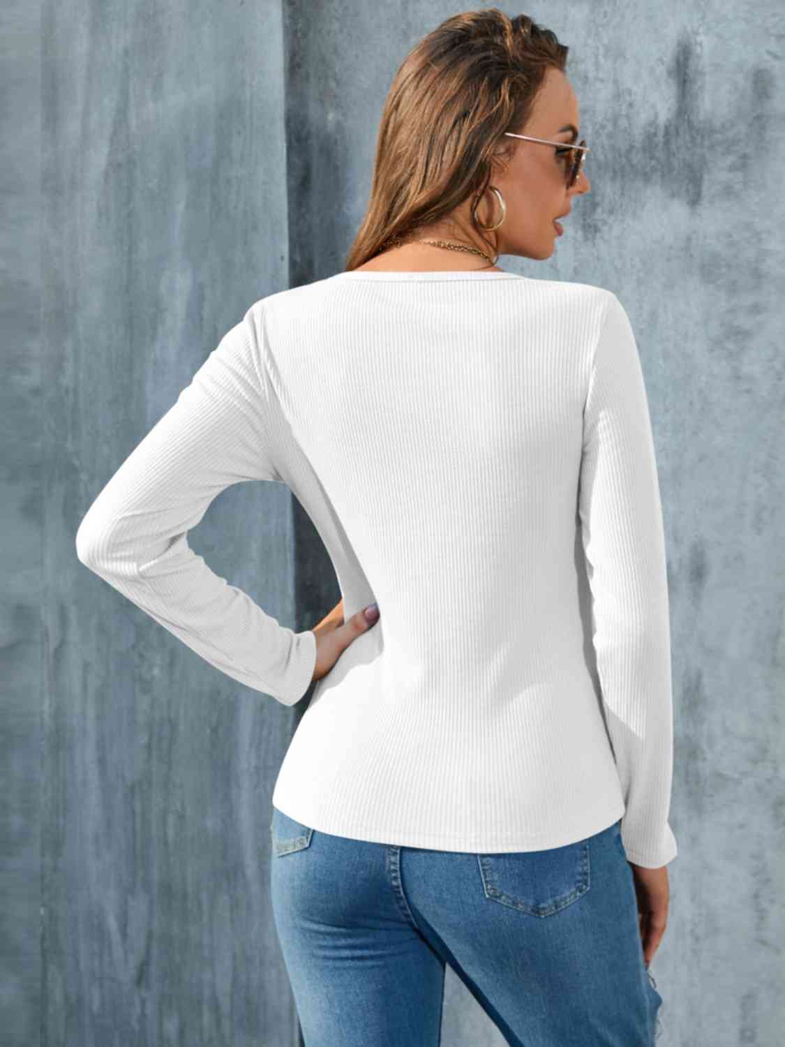 Buttoned Round Neck Long Sleeve T-Shirt - Just Enuff Sexy