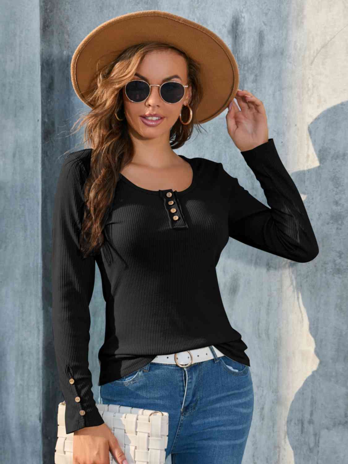 Buttoned Round Neck Long Sleeve T-Shirt - Just Enuff Sexy