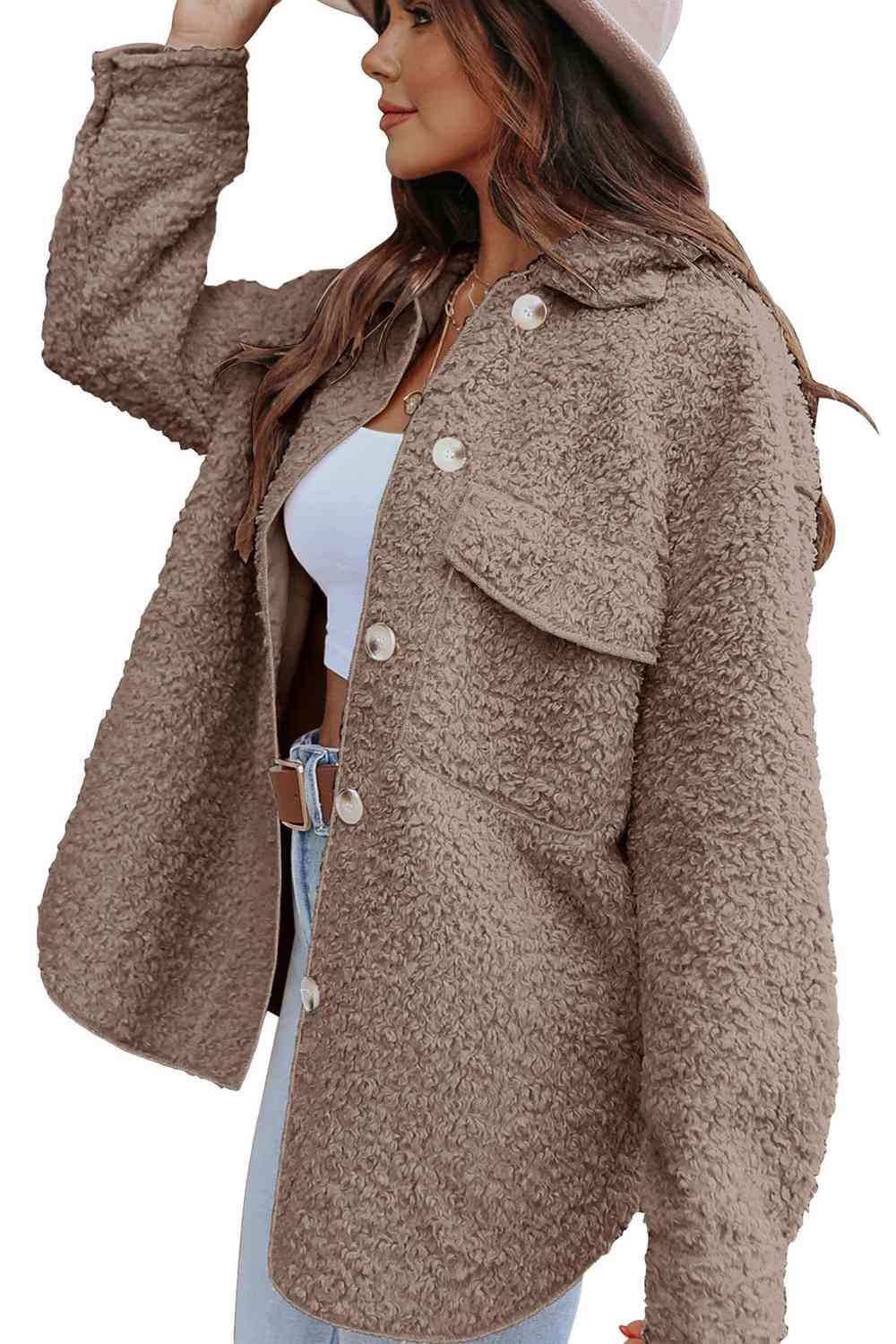 Collared Neck Button Front Coat with Pocket - Just Enuff Sexy