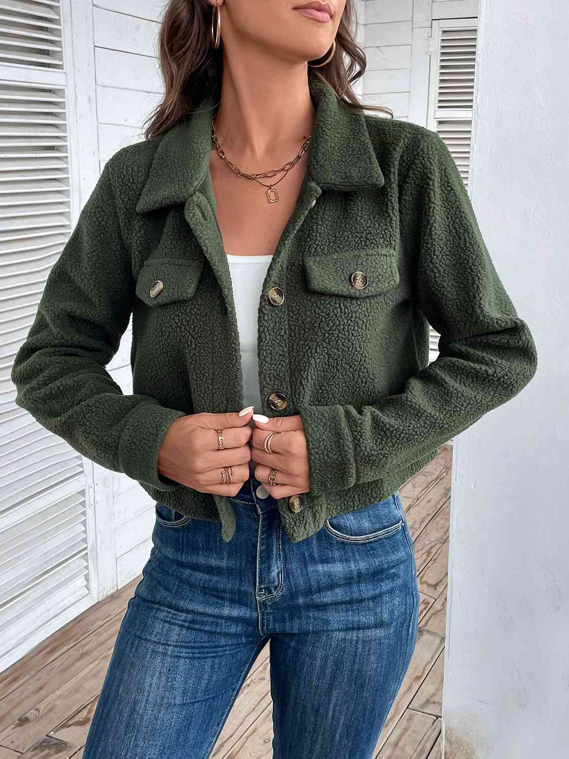 Collared Neck Button Front Jacket - Just Enuff Sexy