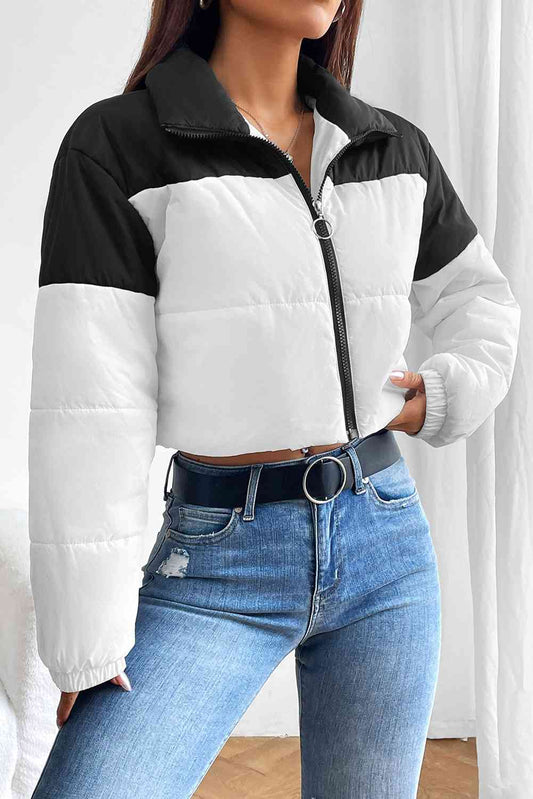 Collared Neck Color Block Puffer Jacket - Just Enuff Sexy