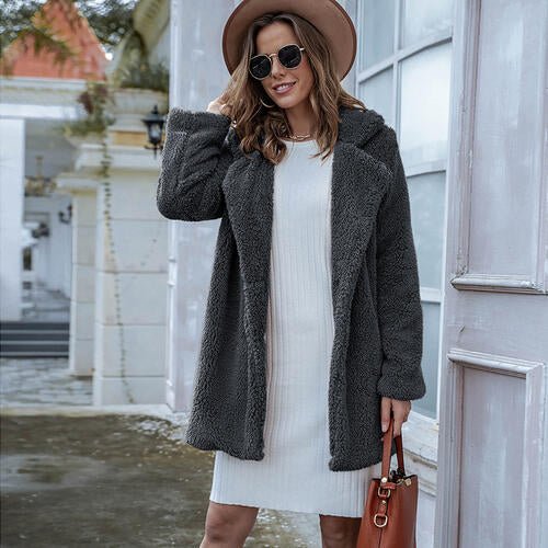 Collared Neck Long Sleeve Winter Coat - Just Enuff Sexy