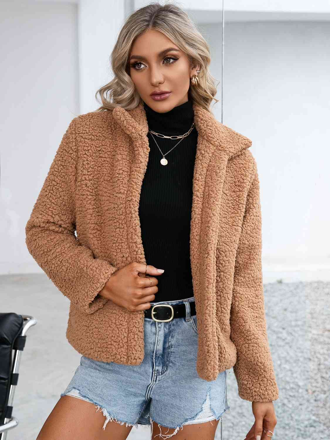 Collared Neck Open Front Faux Fur Outerwear - Just Enuff Sexy