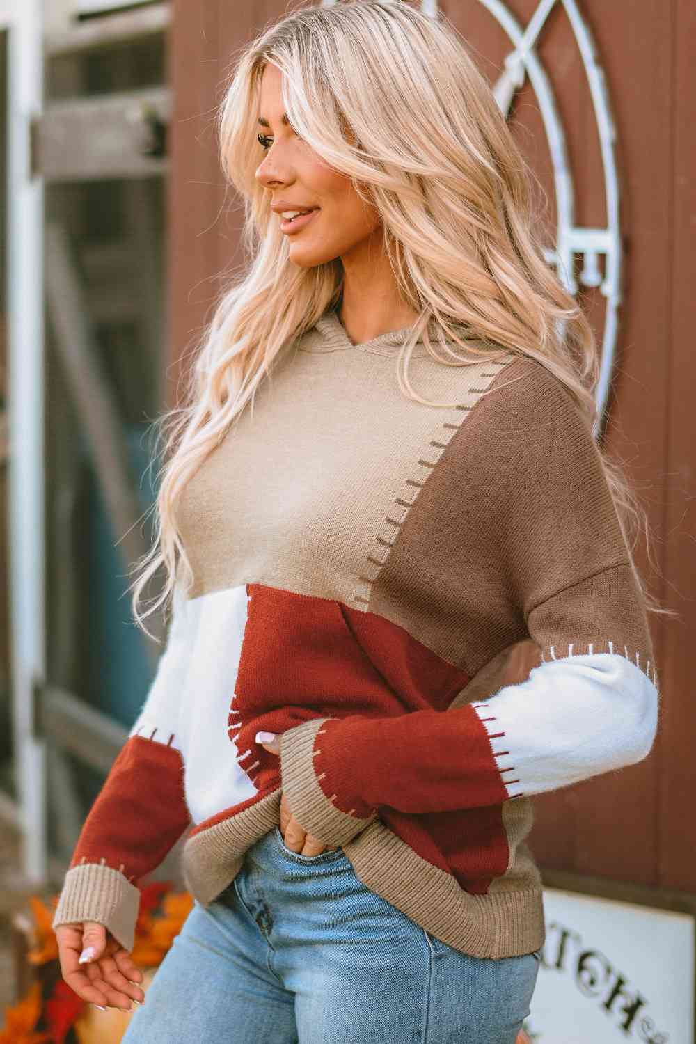 Color Block Long Sleeve Hooded Sweater - Just Enuff Sexy