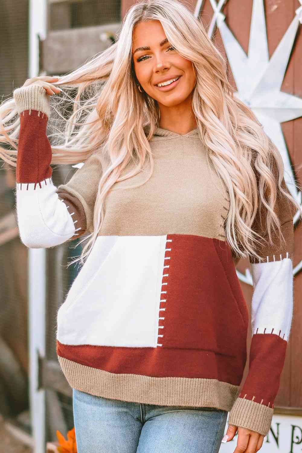 Color Block Long Sleeve Hooded Sweater - Just Enuff Sexy