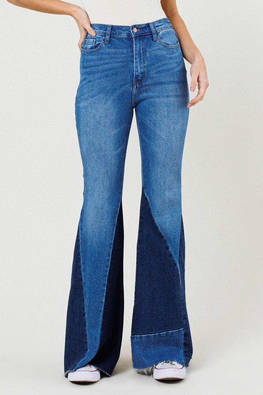 Color Block Side Slit Flare Jeans - Just Enuff Sexy
