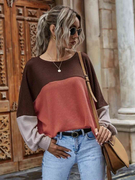 Color Block Waffle-Knit Long Sleeve Top - Just Enuff Sexy