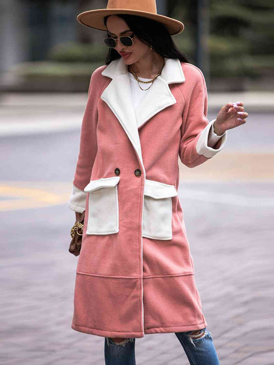 Contrast Lapel Collar Coat with Pockets - Just Enuff Sexy