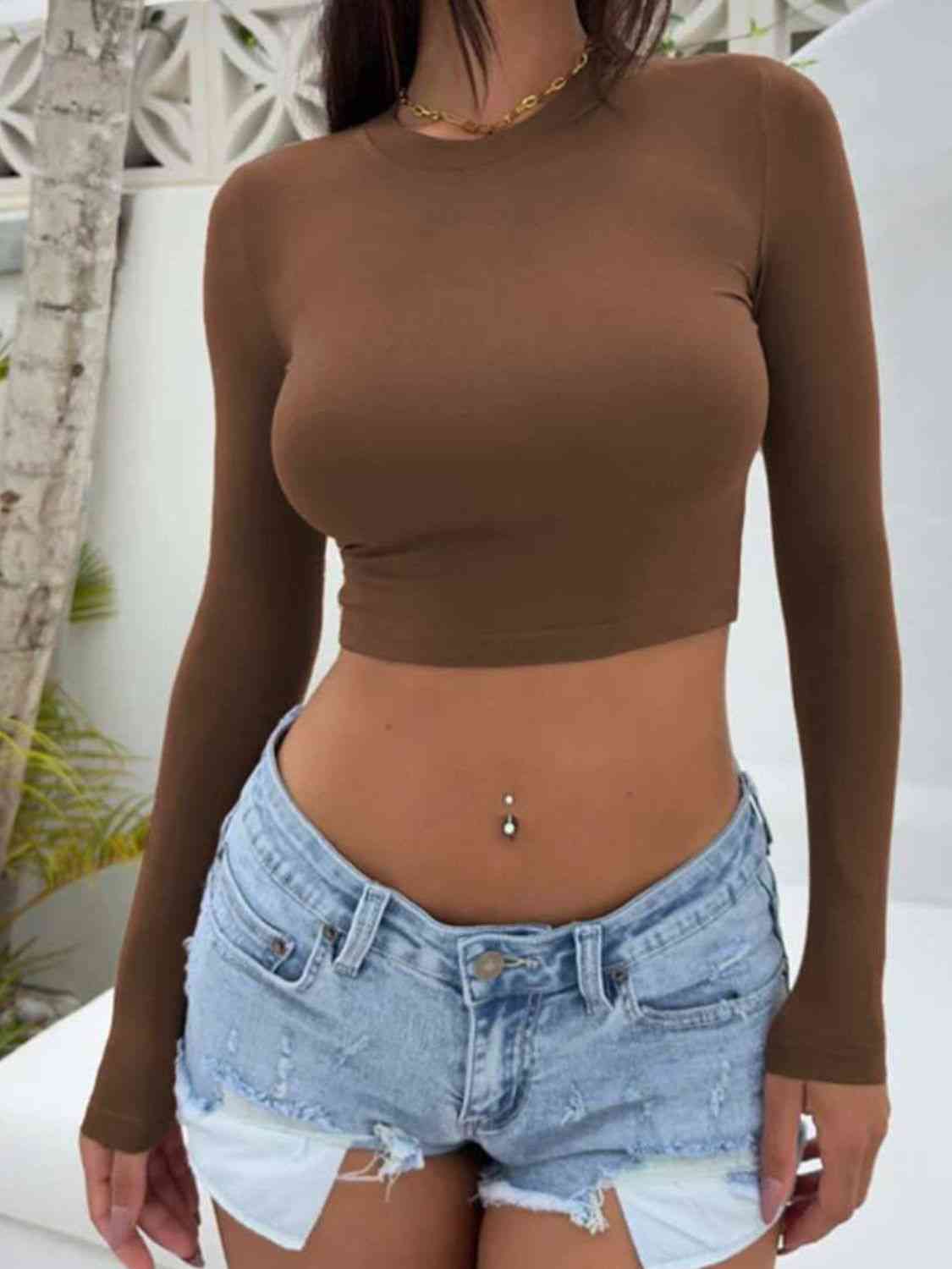 Cropped Round Neck Long Sleeve Top - Just Enuff Sexy