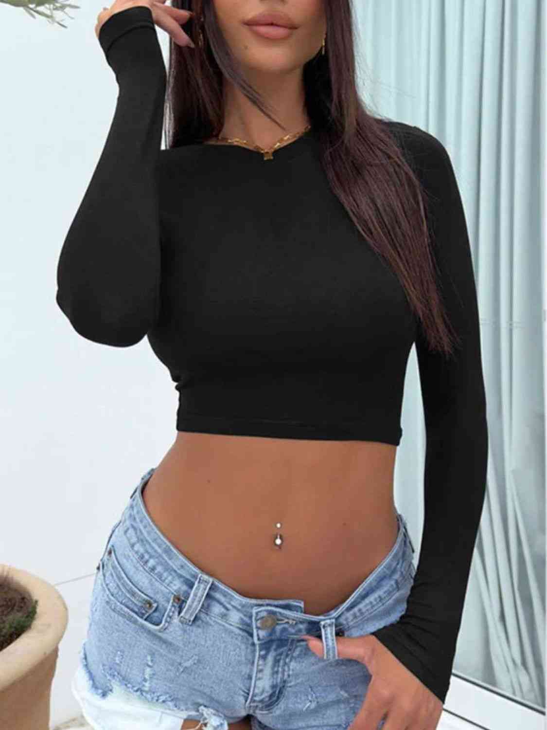 Cropped Round Neck Long Sleeve Top - Just Enuff Sexy