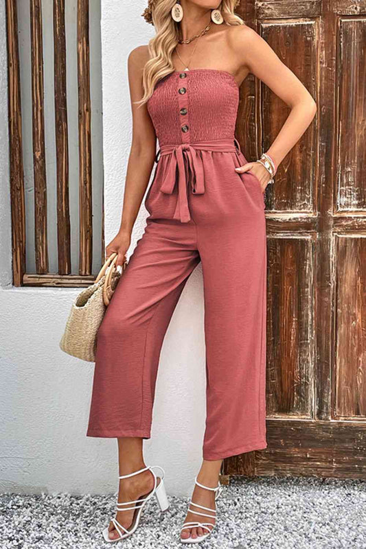 Decorative Button Strapless Smocked Jumpsuit with Pockets - Just Enuff Sexy
