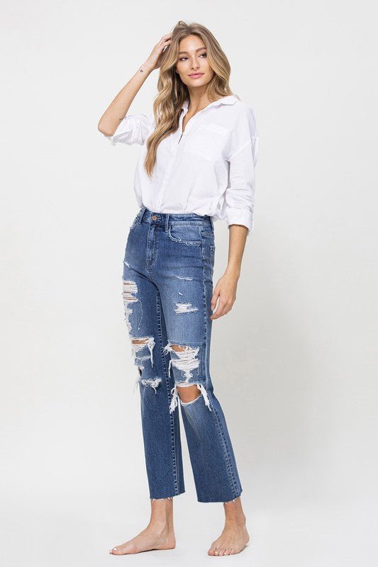 Distressed High Rise Ankle Relaxed Straight Jeans - Just Enuff Sexy