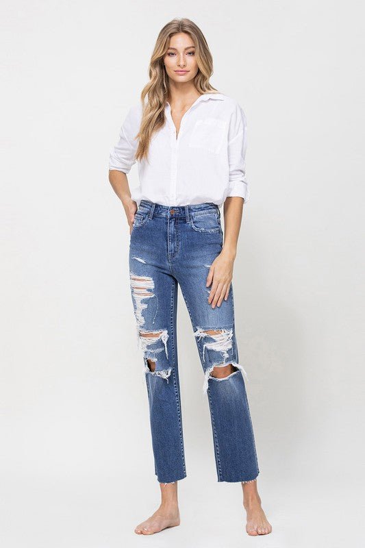 Distressed High Rise Ankle Relaxed Straight Jeans - Just Enuff Sexy