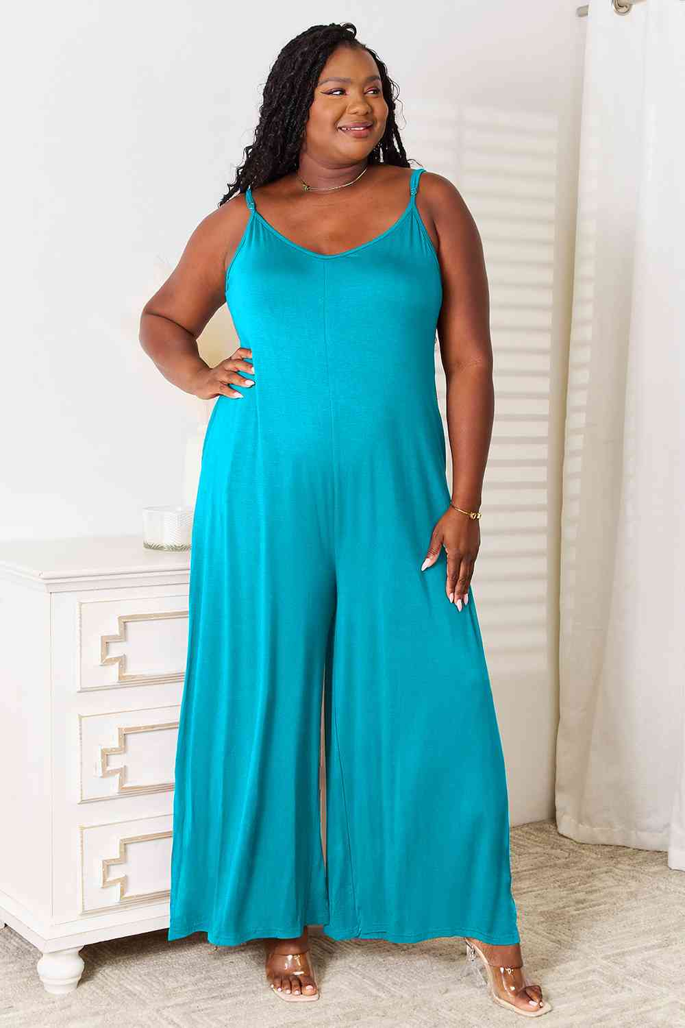 Double Take Full Size Soft Rayon Spaghetti Strap Tied Wide Leg Jumpsuit - Just Enuff Sexy