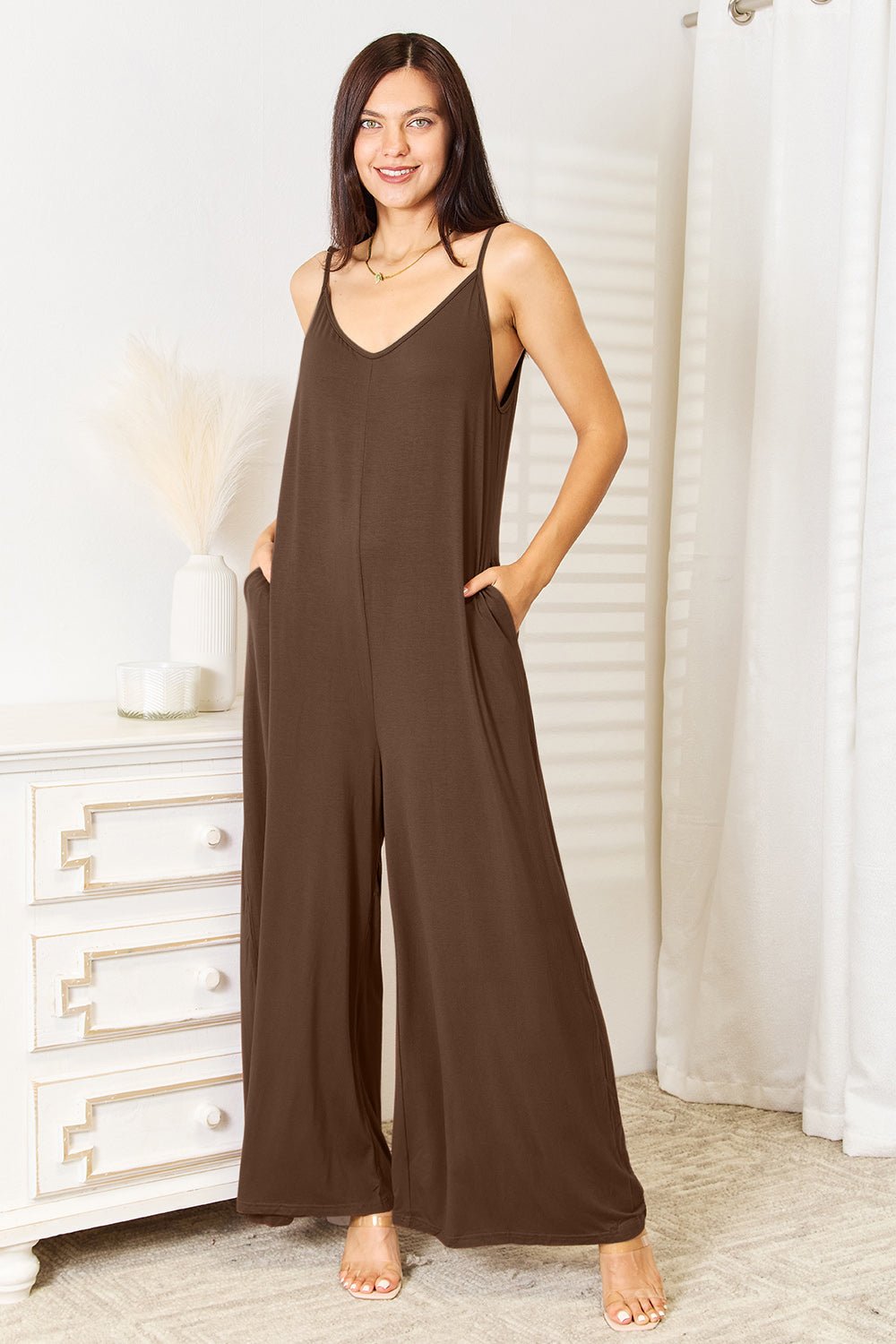 Double Take Full Size Soft Rayon Spaghetti Strap Tied Wide Leg Jumpsuit - Just Enuff Sexy