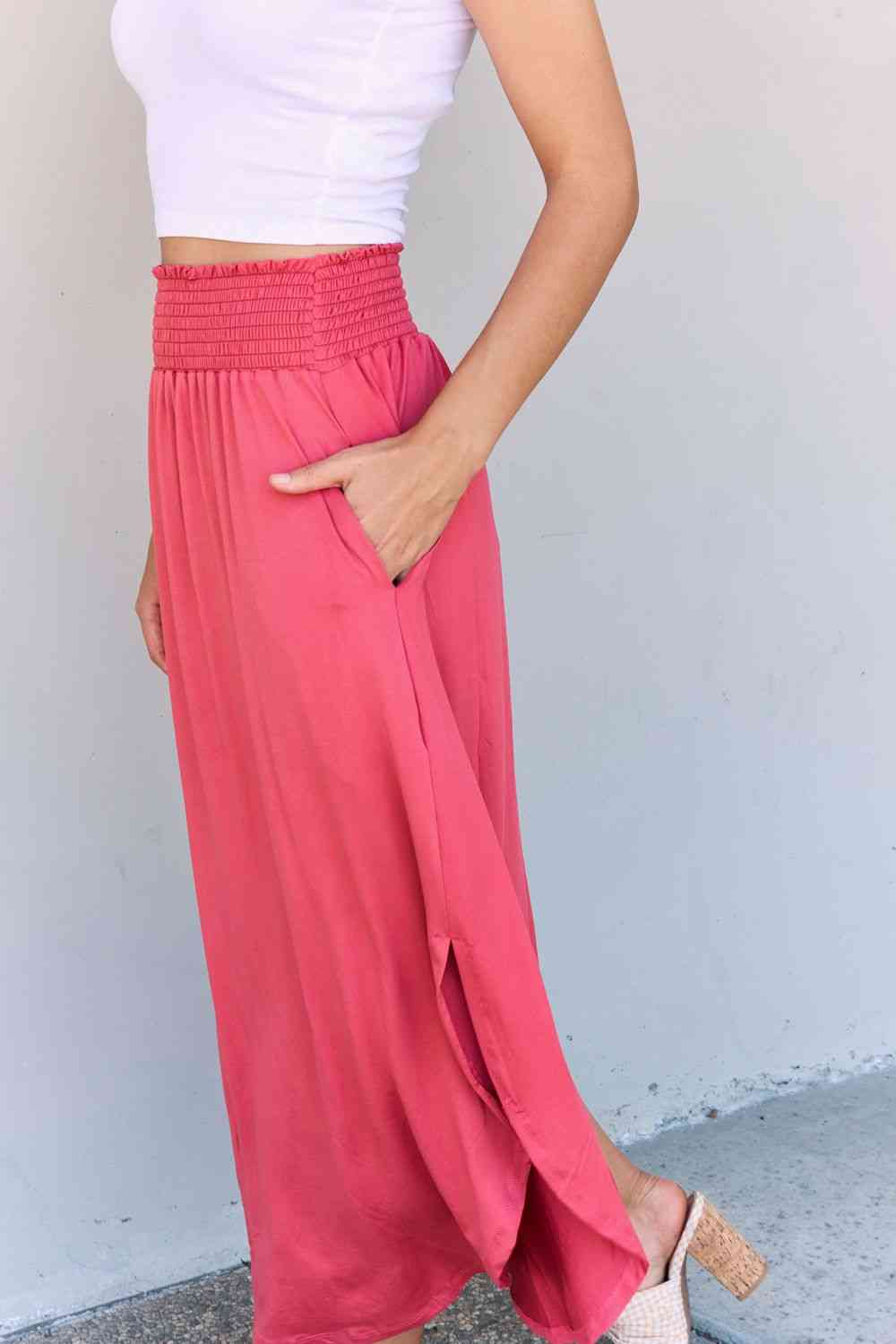 Doublju Comfort Princess Full Size High Waist Scoop Hem Maxi Skirt in Hot Pink - Just Enuff Sexy