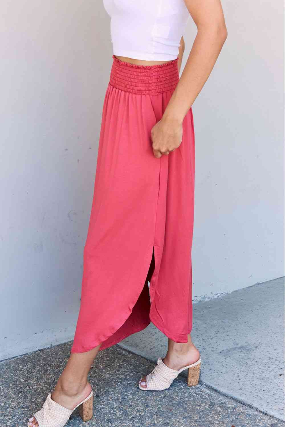 Doublju Comfort Princess Full Size High Waist Scoop Hem Maxi Skirt in Hot Pink - Just Enuff Sexy