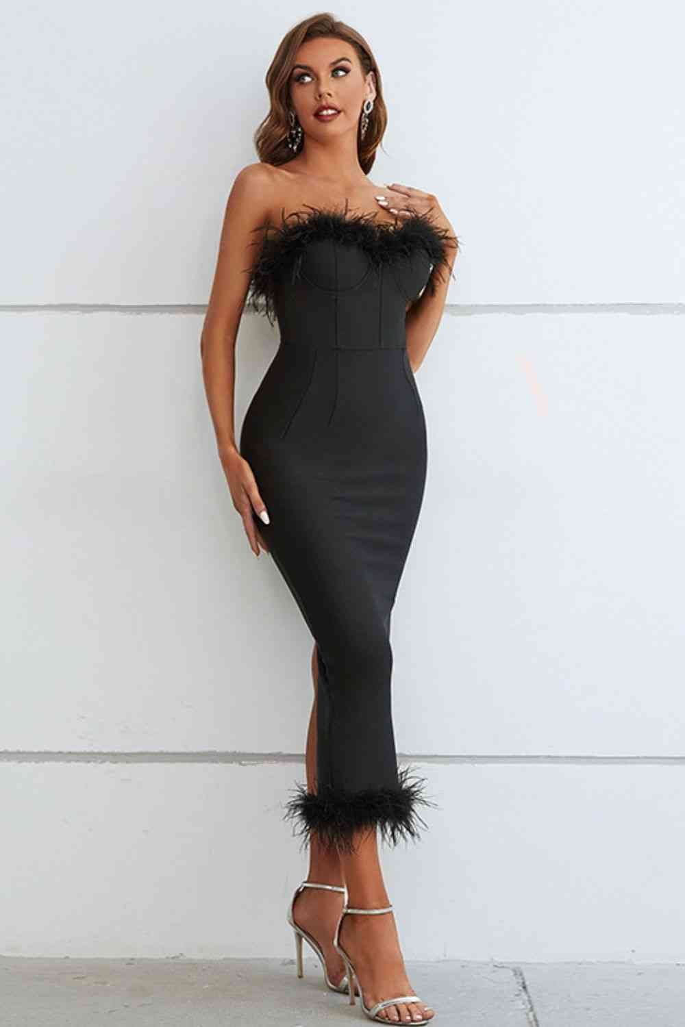 Feather Trim Strapless Sweetheart Neck Dress - Just Enuff Sexy