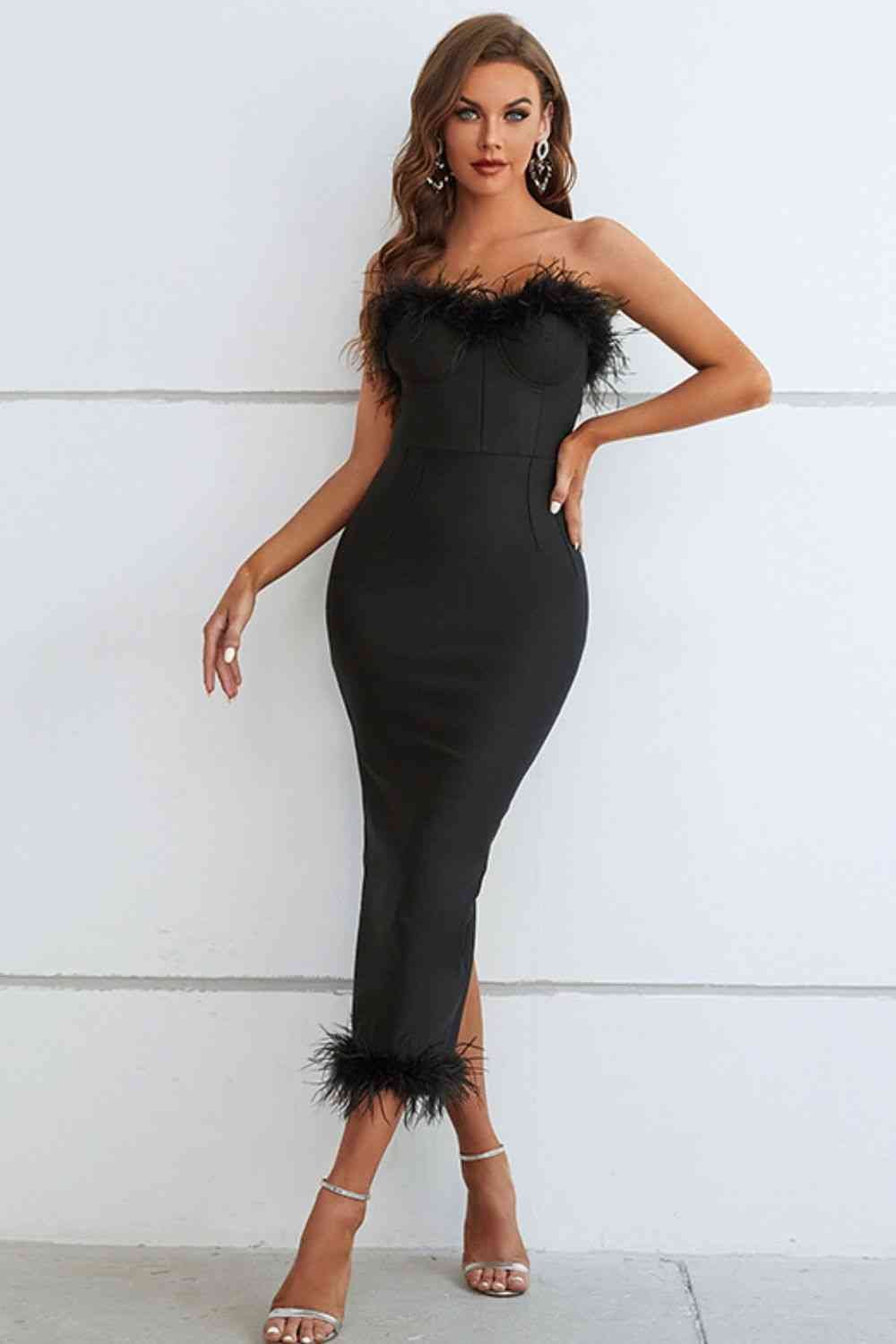 Feather Trim Strapless Sweetheart Neck Dress - Just Enuff Sexy