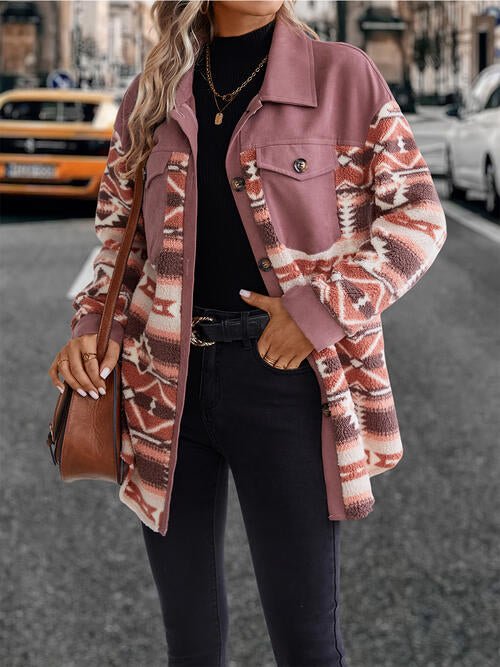 Geometric Collared Neck Buttoned Jacket - Just Enuff Sexy