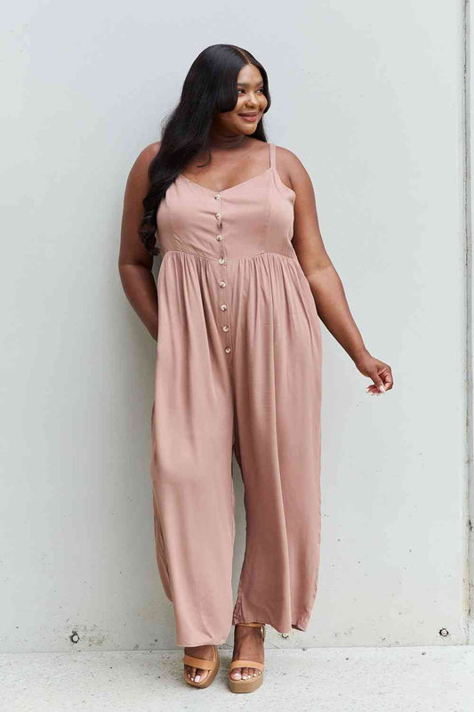 HEYSON All Day Full Size Wide Leg Button Down Jumpsuit in Mocha - Just Enuff Sexy