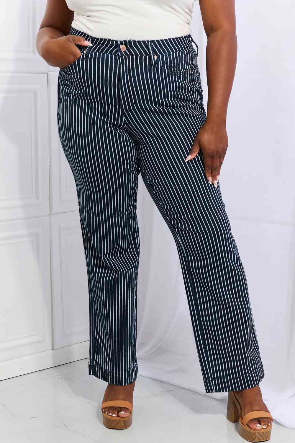 Judy Blue Cassidy Full Size High Waisted Tummy Control Striped Straight Jeans - Just Enuff Sexy