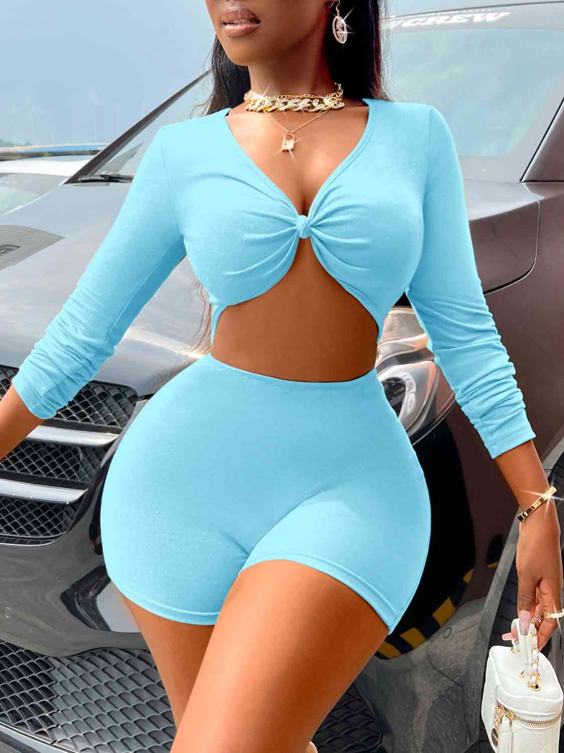Knot Detail Cutout Long Sleeve Romper - Just Enuff Sexy